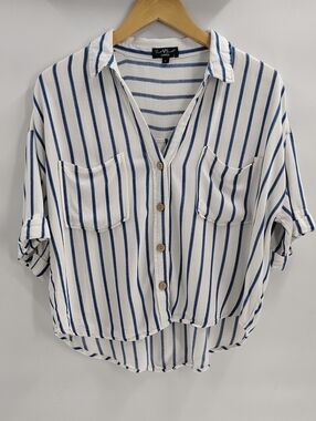 Velvet Heart Los Angeles Button Down Blouse Large Blue White Stripe Pockets